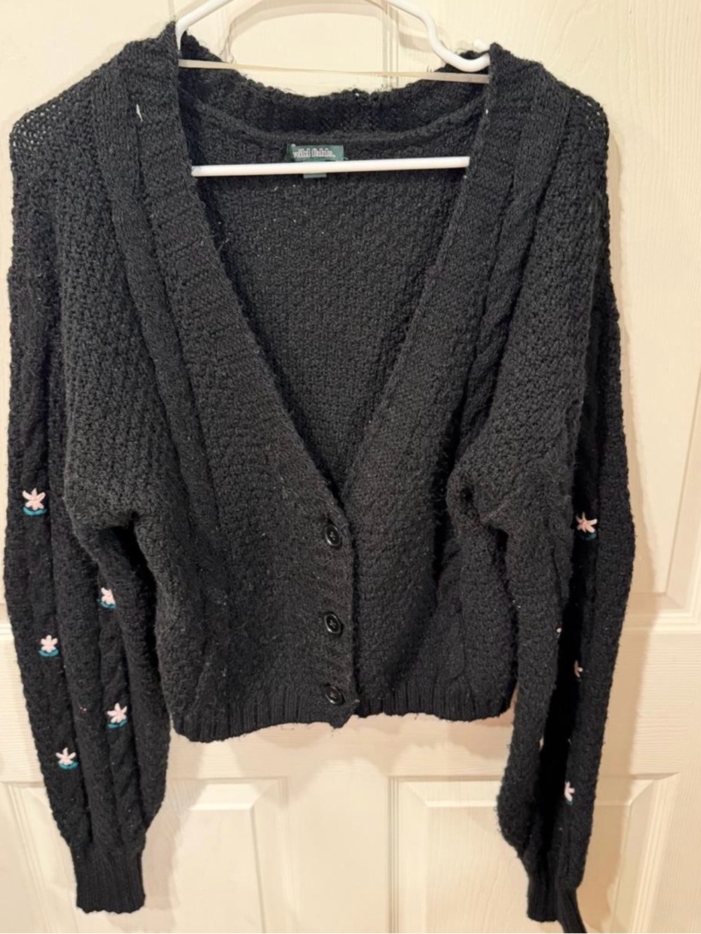 wild fable Black Button-Front Knit Cardigan with Floral Accents